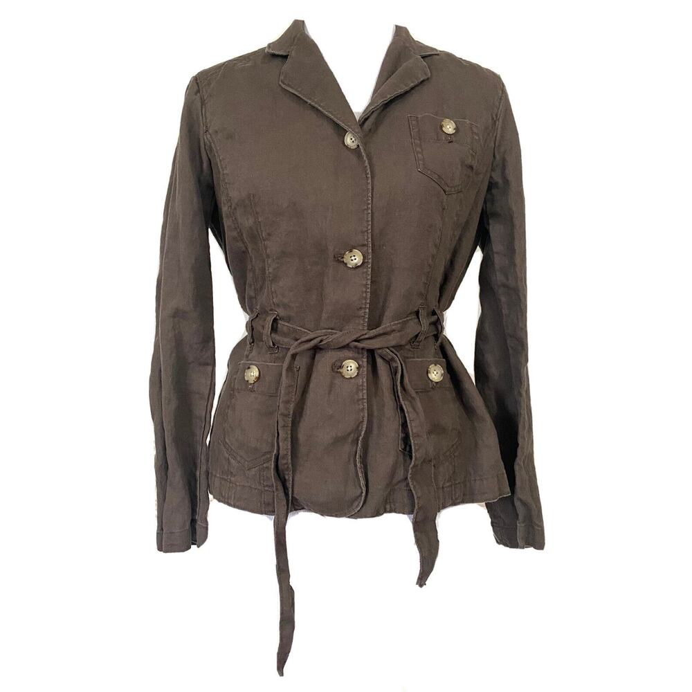 Eddie Bauer Women’s Linen Jacket Utility Belted Brown Button Front Sz Petite 10
